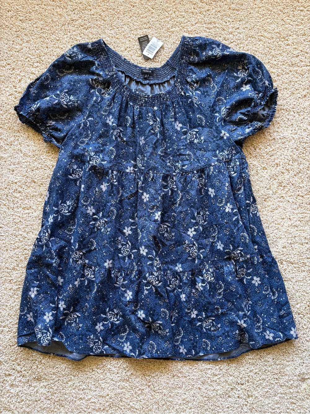 NWT Torrid Floral Chambray Puff Sleeve Smocked Mini Dress Blue 2X